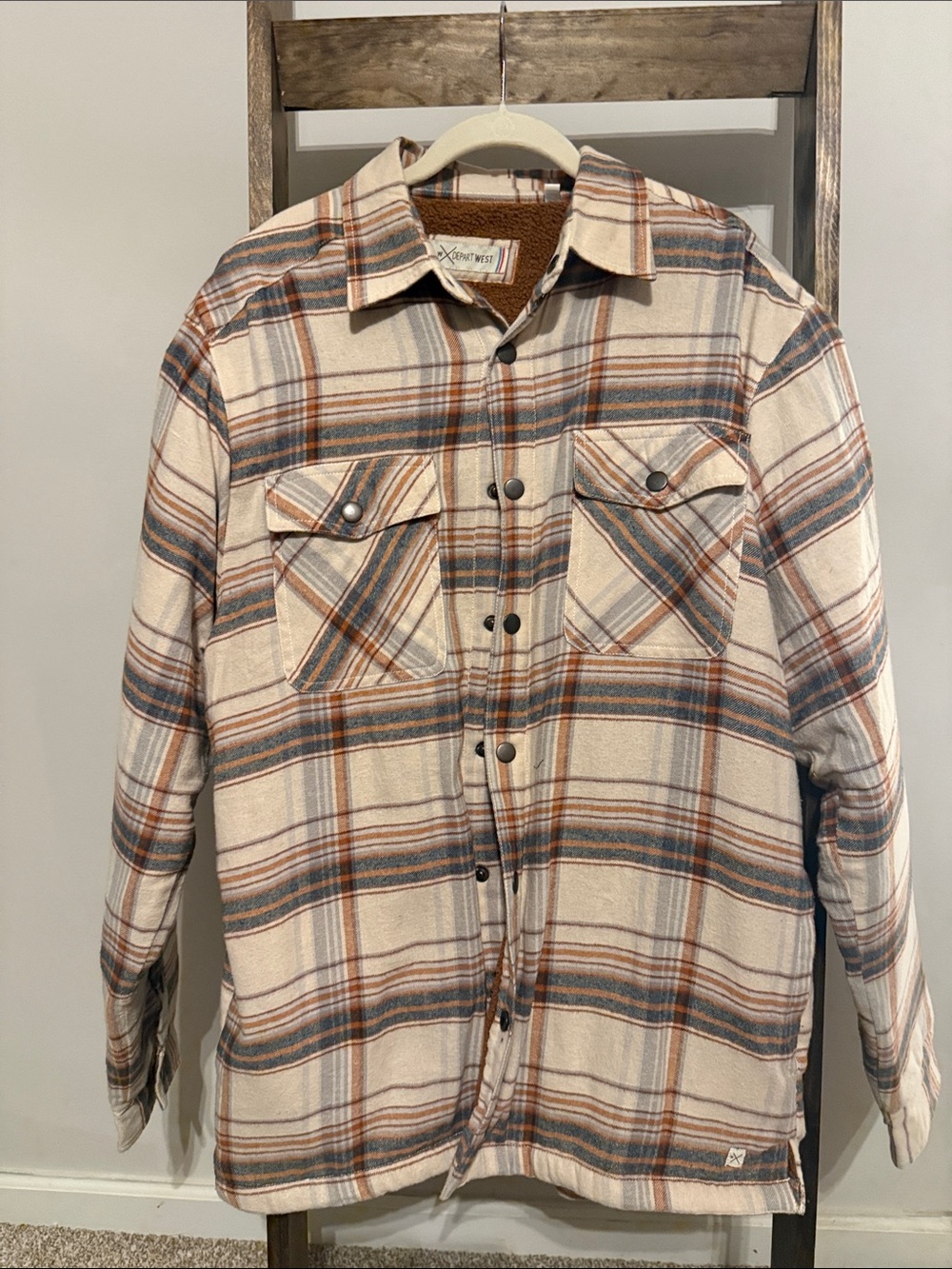 Men’s Cream Plaid Button-Front Casual Shirt Jacket